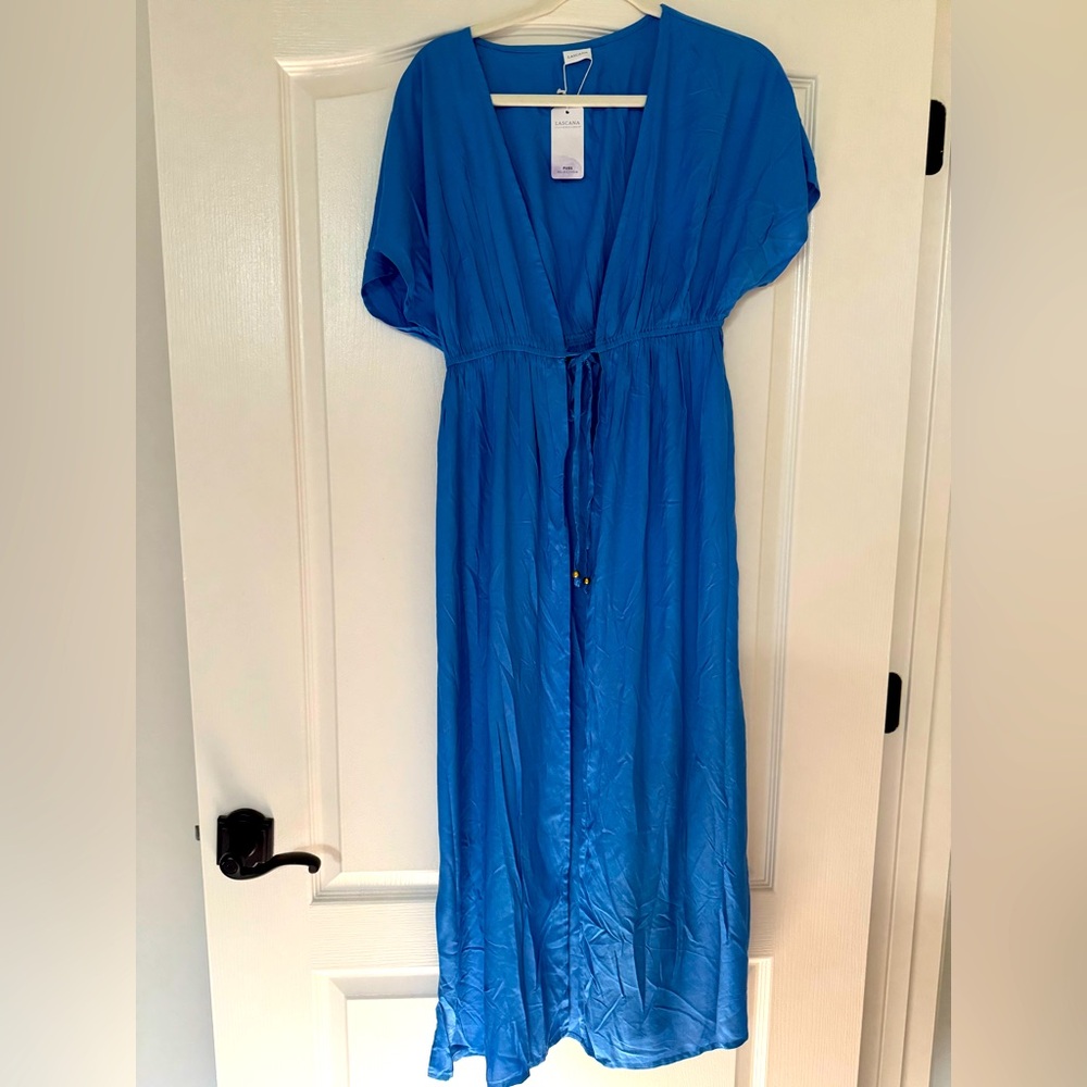 Blue Kimono Sleeve Swim Coverup with Tie Elastic Waist/Lascana
